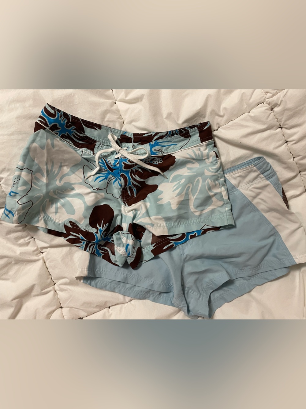 Light Blue and brown Y2K Surf/Swim Shorts with Drawstring